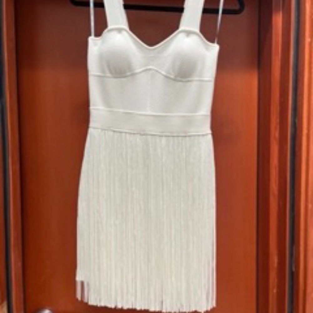 Herve Leger Paris Alabaster fringe mini Dress size S